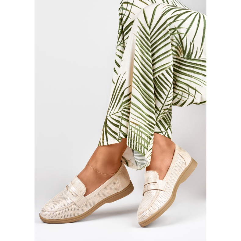 Sapatos femininos vazados com brilho prateado bege 2