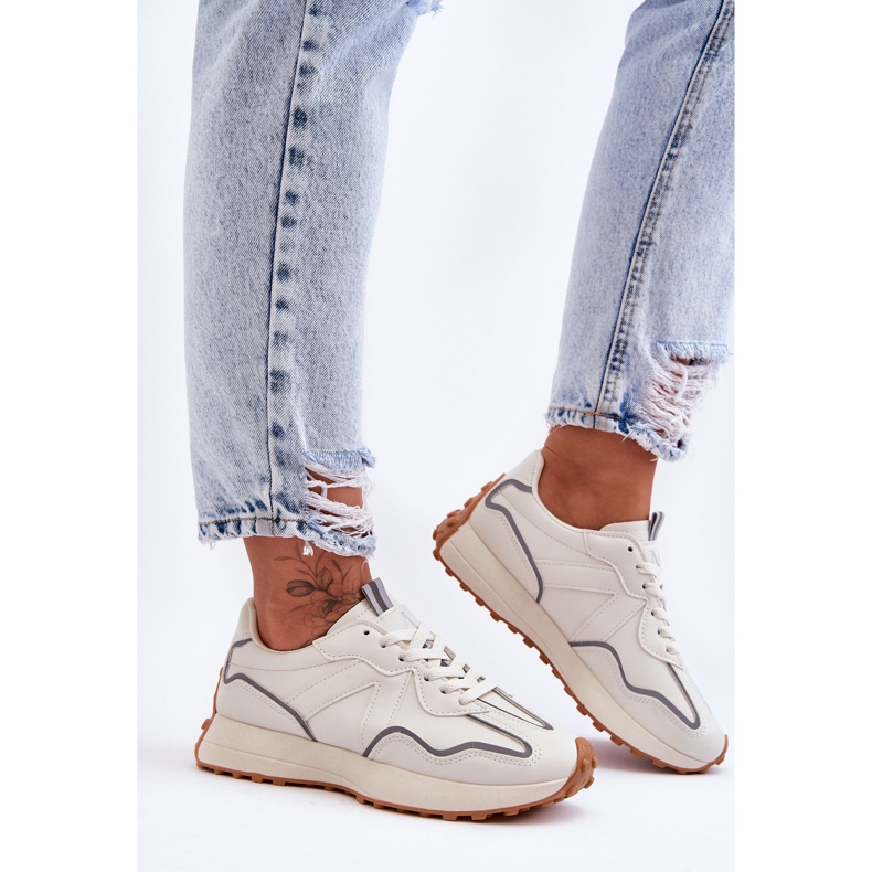 FJ1 Tênis esportivo feminino bege Faro branco 2