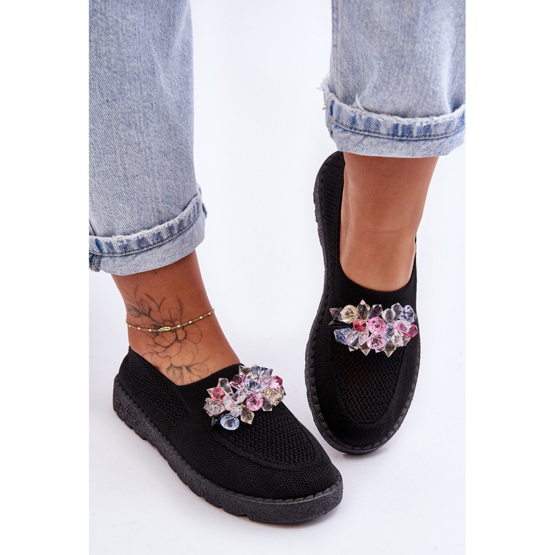 PM1 Tênis feminino sem cadarço com pedraria preto simples 2