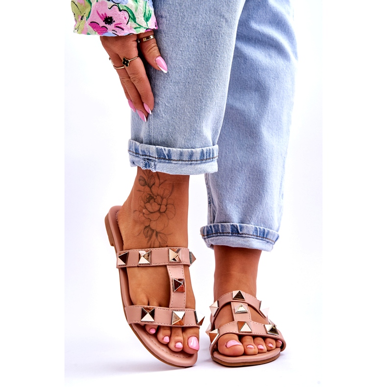 Chinelos femininos com grandes pregos nus rosa 1