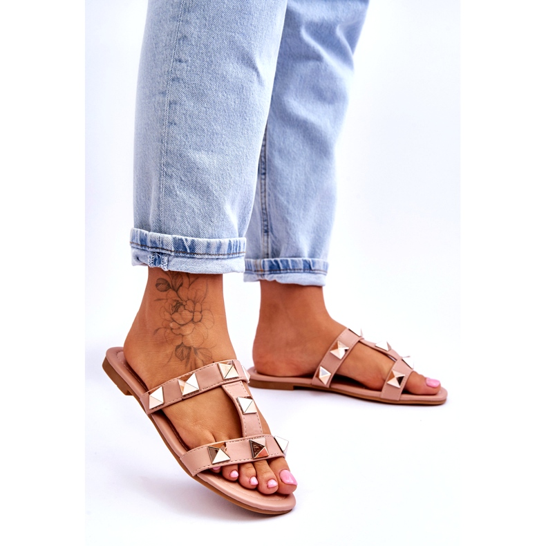 Chinelos femininos com grandes pregos nus rosa 2