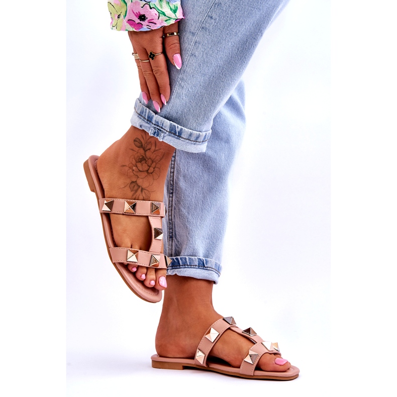 Chinelos femininos com grandes pregos nus rosa 4