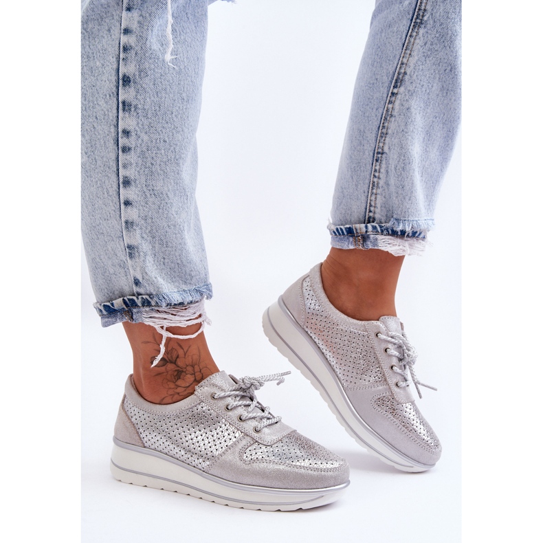 Sapatos esportivos de couro com perfuração S.Barski AL22246 prata 1