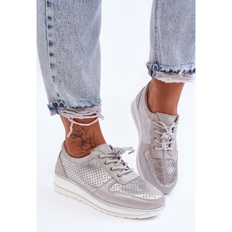 Sapatos esportivos de couro com perfuração S.Barski AL22246 prata 2