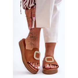 Chinelos plataforma femininos Denicia marrom com decoração castanho 2