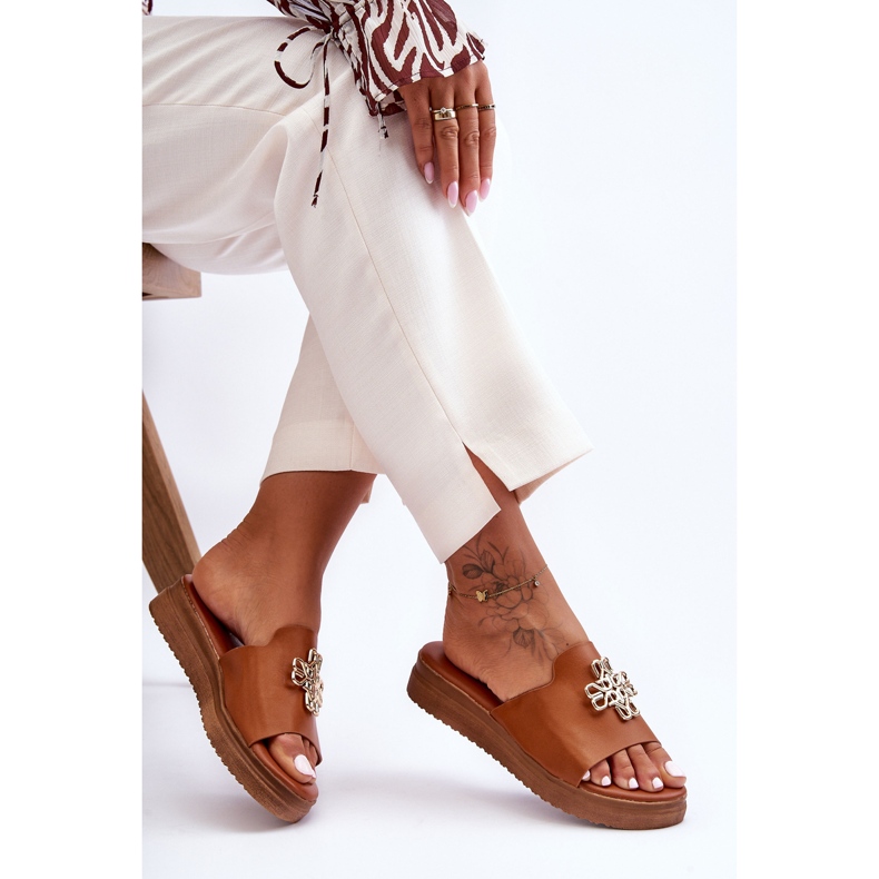 PG1 Chinelos plataforma de couro feminino com decoração marrom azera castanho 1