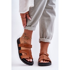 FJ1 Chinelos femininos clássicos de couro com velcro marrom Amedon castanho 2