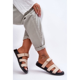 Chinelos femininos clássicos de couro com velcro bege Amedon 1 Chinelos femininos clássicos de couro com velcro bege Amedon 1