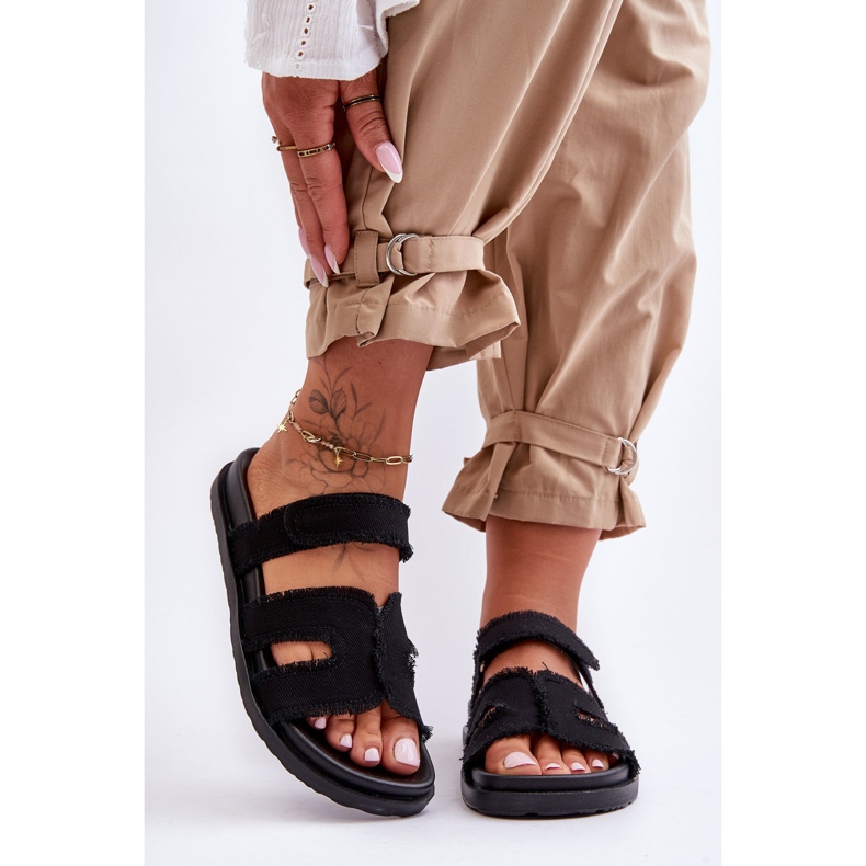 Chinelos femininos de tecido com velcro preto lamirose 2