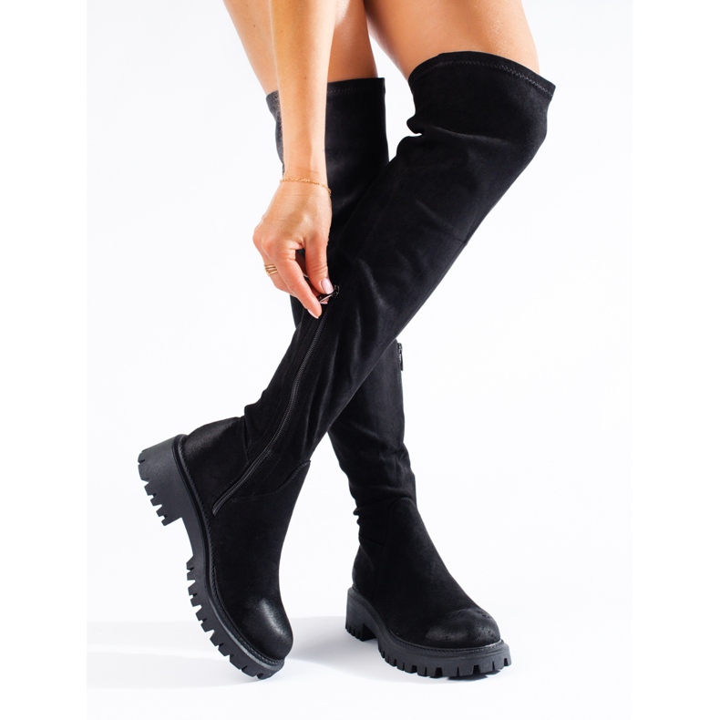 Botas de cano alto Shelovet de mulher com salto plano preto 1 Botas de cano alto Shelovet de mulher com salto plano preto 1