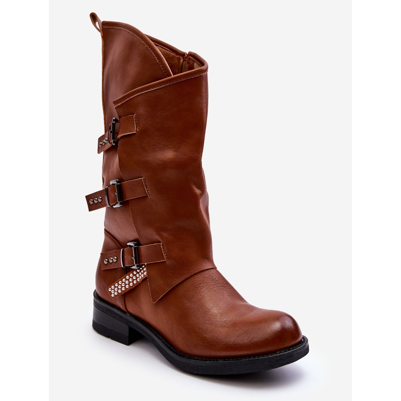 Botas femininas de couro salto alto rasas marrom Nyreo castanho 1
