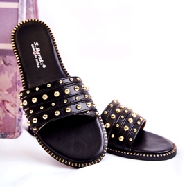 S.Barski Chinelos femininos de couro com ornamento preto 2