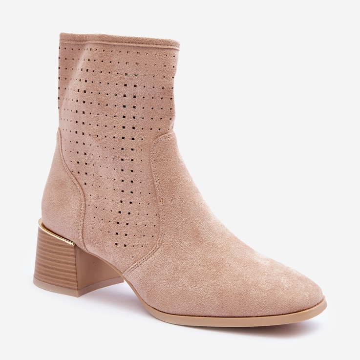 Botas de salto alto vazadas de camurça pérolas bege 1