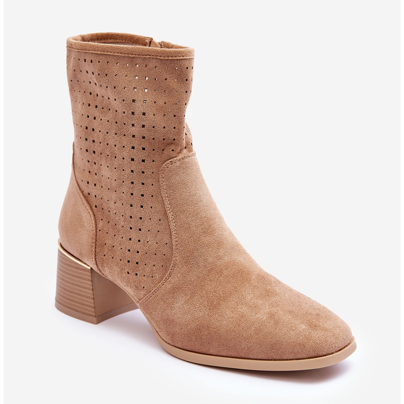 PG1 Botas de salto alto vazadas de camurça bege escuro pérolas 1