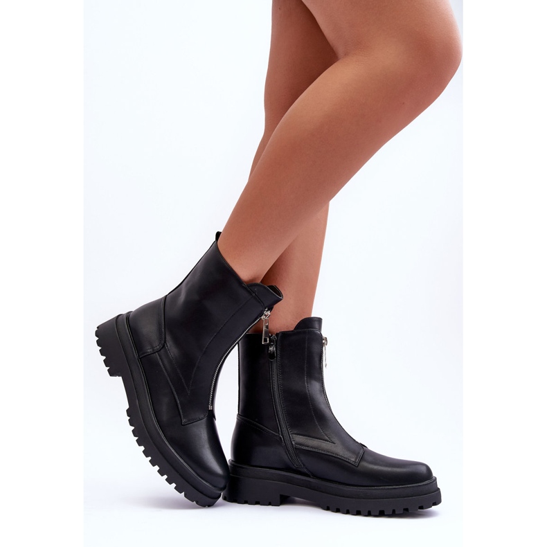 Botas femininas de couro com zíper preto cloro 2