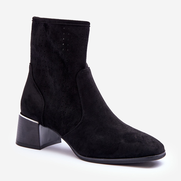 Botas camurça perfuradas de salto alto pérolas pretas preto 1