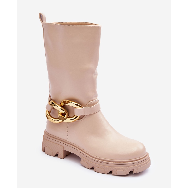 Botas de couro com salto plano Bege Diominna 1