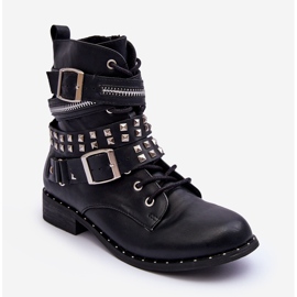 LU BOO Botins infantis com tachas, zíper e fivelas, pretos 1