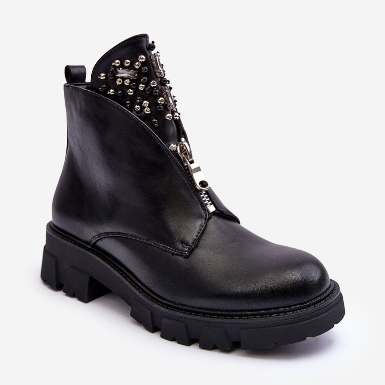 Botins de couro baixos decorados com zíper Escika preto 2 Botins de couro baixos decorados com zíper Escika preto 2