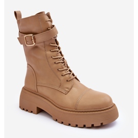 Botas de trabalho de couro com salto plano e fivela, Bege Samivlo 2 Botas de trabalho de couro com salto plano e fivela, Bege Samivlo 2