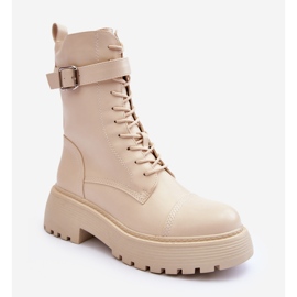 Botins de couro com salto plano e fivela Samivlo bege claro 1 Botins de couro com salto plano e fivela Samivlo bege claro 1