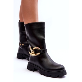 Botas de couro de salto plano feminino com uma decoração negra preto 2