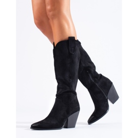 Botas de cowboy femininas de camurça preta e salto alto Shelovet preto 1