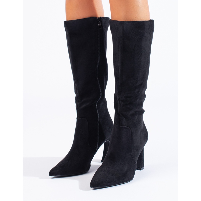 Botas femininas de salto alto de camurça preta Shelovet preto 2