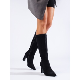 Botas femininas de salto alto de camurça preta Shelovet preto 1