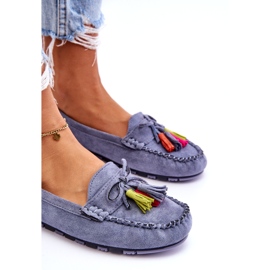 Mocassins de camurça azul com laço e franja 3 Mocassins de camurça azul com laço e franja 3
