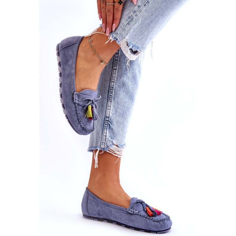Mocassins de camurça azul com laço e franja 1 Mocassins de camurça azul com laço e franja 1