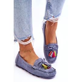Mocassins de camurça azul com laço e franja 2
