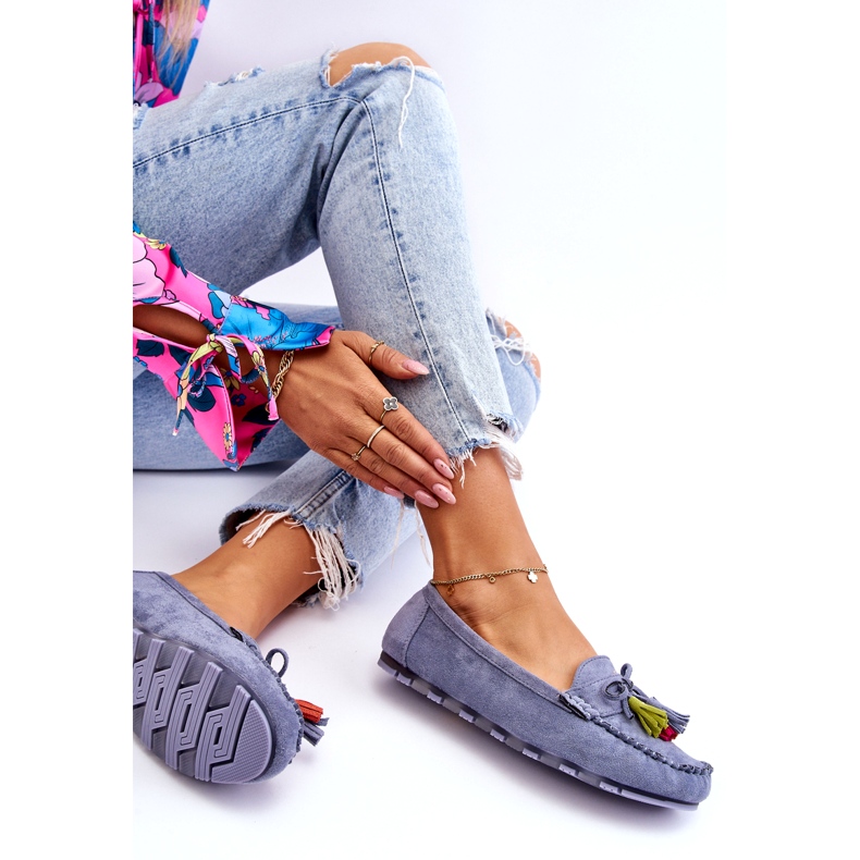Mocassins de camurça azul com laço e franja 4