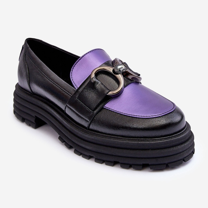Laura Messi Mocassins femininos de couro com salto plano preto e roxo Elkiza 2