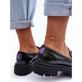 Laura Messi Mocassins femininos de couro com salto plano preto e roxo Elkiza 1