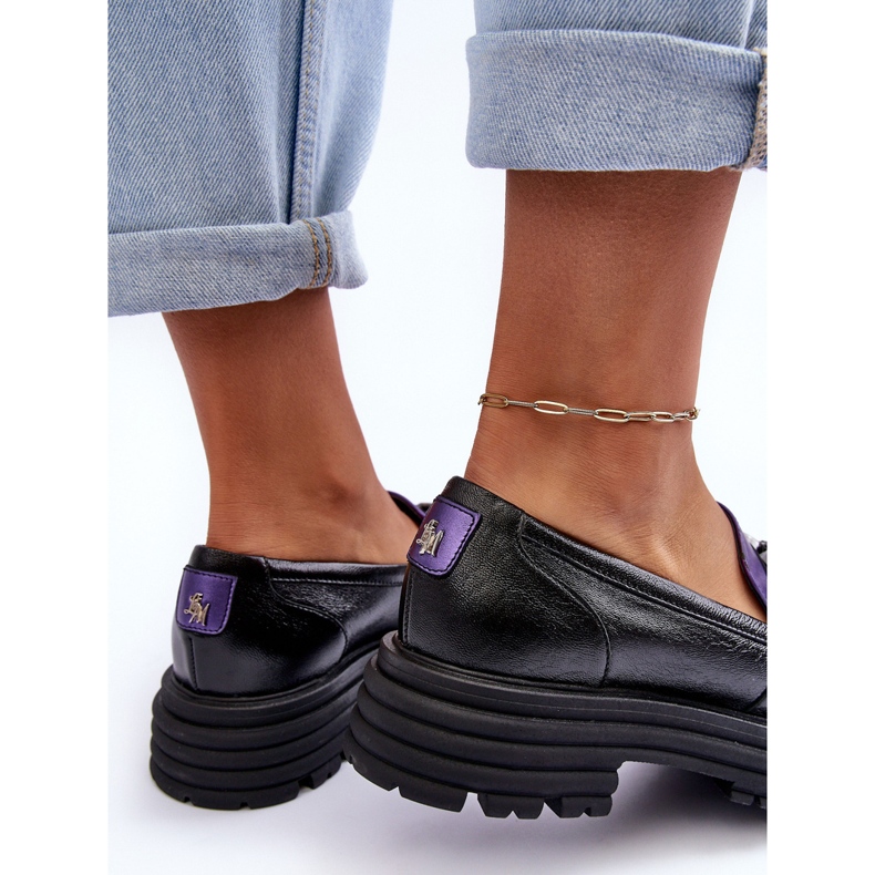 Laura Messi Mocassins femininos de couro com salto plano preto e roxo Elkiza 1