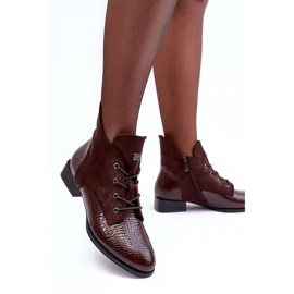 Vinceza Botins de couro marrom com salto plano com padrão animal Tianeta 1