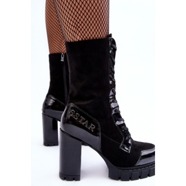 Botins de couro com cadarço e salto alto enorme, Black Khariah preto 2