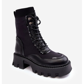 PS1 Botas femininas grossas de couro com cordões e trabalho, pretas Seloma preto 1