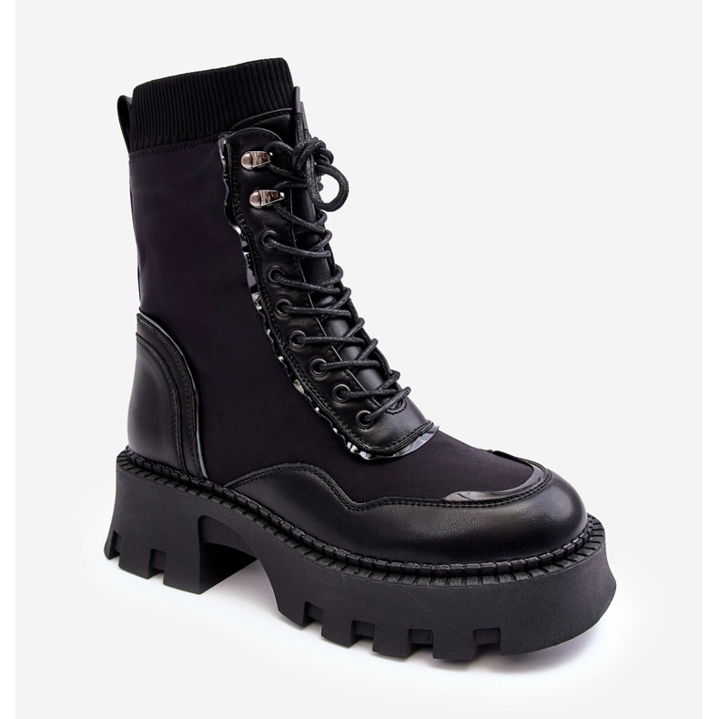 PS1 Botas femininas grossas de couro com cordões e trabalho, pretas Seloma preto 1