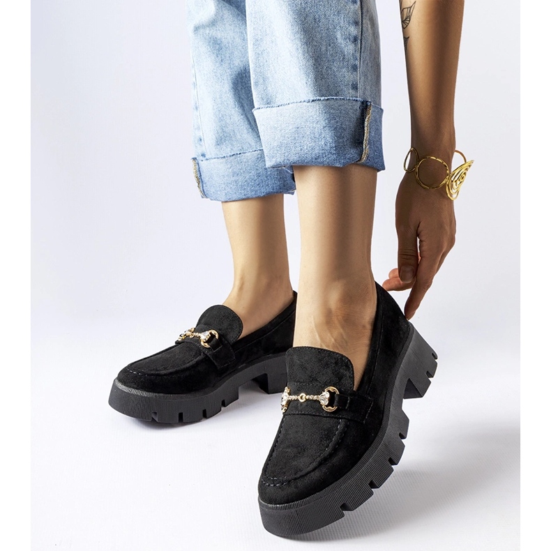 Mocassins pretos com fivela e strass Gaiola 1