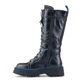 Botas femininas de cano alto com cadarço feitas de couro ecológico preto 1 Botas femininas de cano alto com cadarço feitas de couro ecológico preto 1