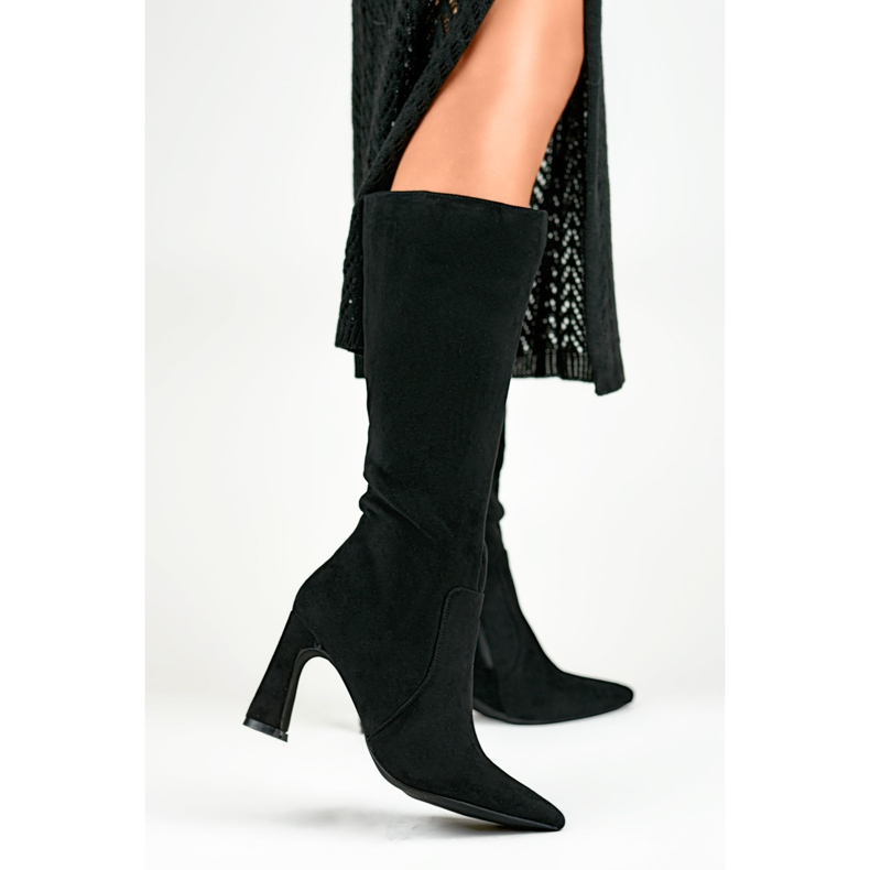 Botas femininas negras de salto alto até o joelho preto 1