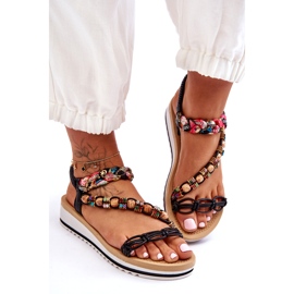 Sandálias de cunha feminina confortáveis com contas pretas preto 1