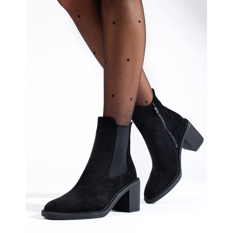 Botas Chelsea femininas de camurça preta Shelovet com salto alto preto 2