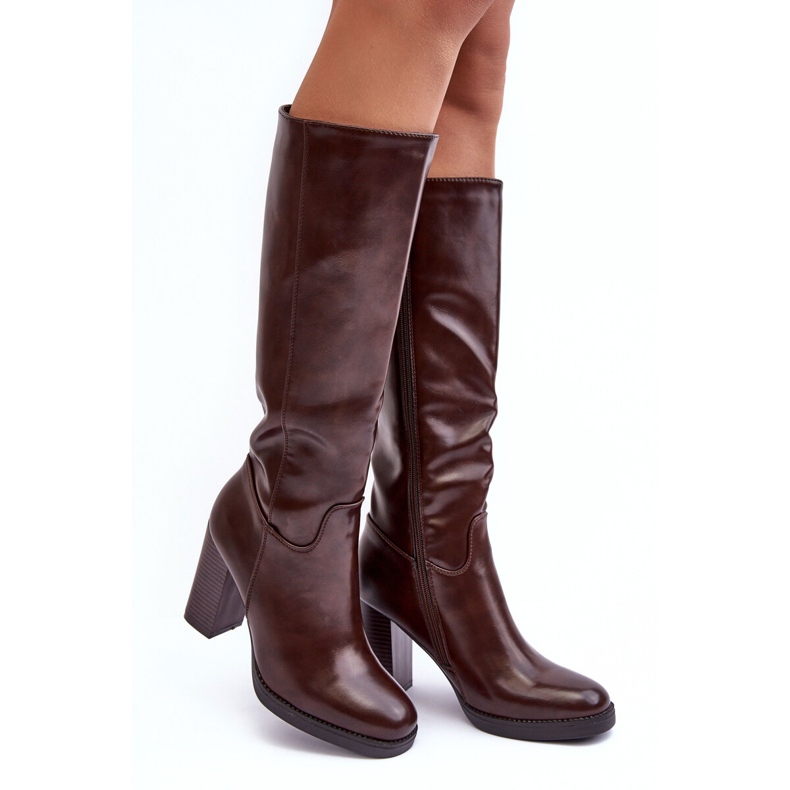 PS1 Botas elegantes de couro acima do joelho com salto alto, marrom, Felsha 1