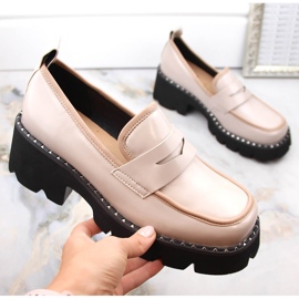 S.Barski Mocassins de couro envernizado com salto alto e plataforma, bege 1