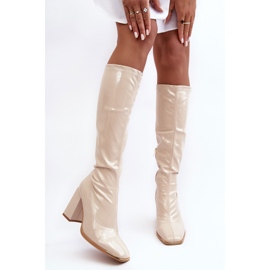 PS1 Botas de salto alto envernizadas acima do joelho, bege Mlokva 2