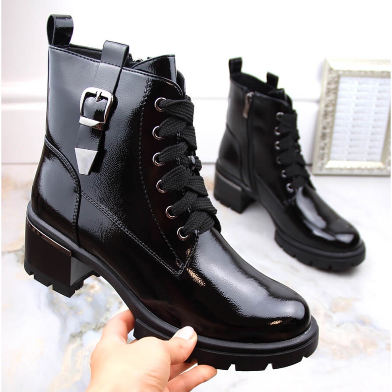 Botas femininas de salto alto com isolamento de couro envernizado, pretas, S.Barski preto 1