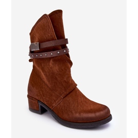 PS1 Botins femininos de salto baixo com alças Camel Thelereia marrom 1